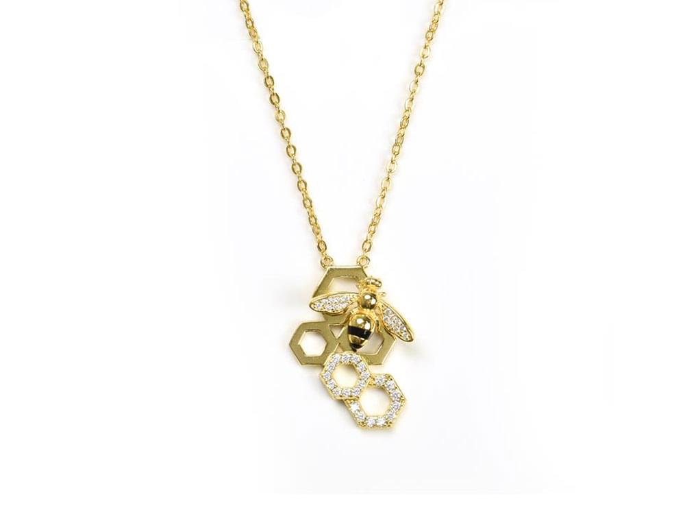 Bee & Honeycomb Necklace - Gold plated sterling silver necklace