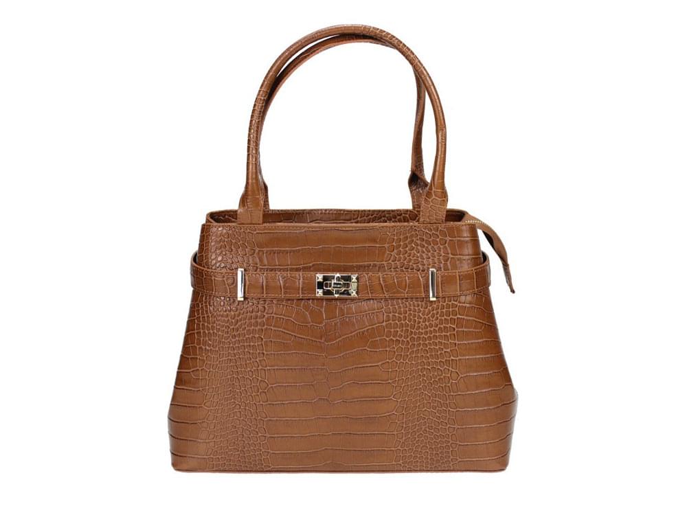 Manzana (tan) - Fairly large, reptile print leather handbag
