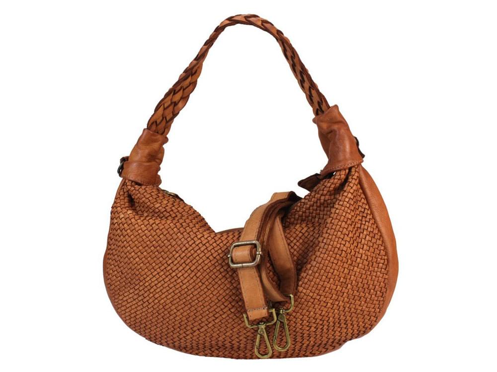 Garda (tan) - Pretty, crescent shaped, woven leather handbag