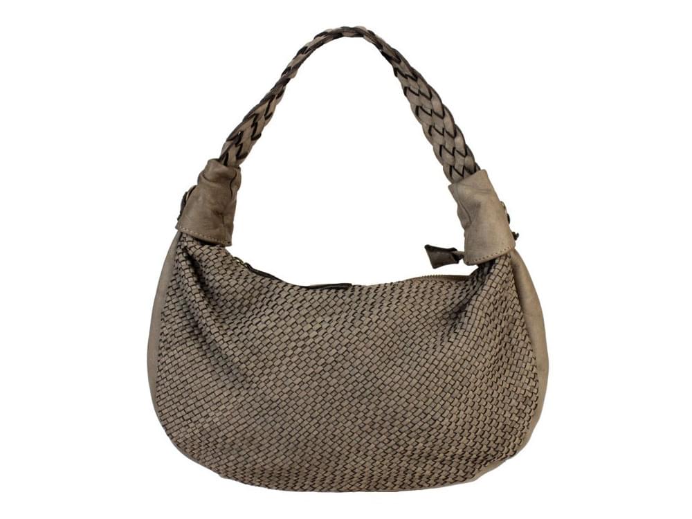 Garda (taupe) - Pretty, crescent shaped, woven leather handbag