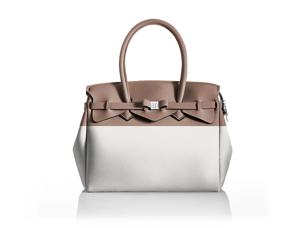 La Miss Longitudine (coffee+cream) - Two-tone, spacious Lycra Handbag