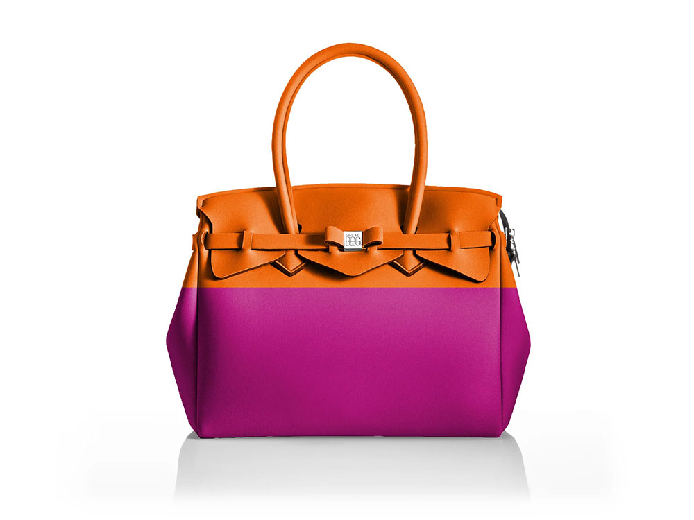 La Miss Longitudine (fucshia+tangerine) - Two-tone, spacious Lycra Handbag
