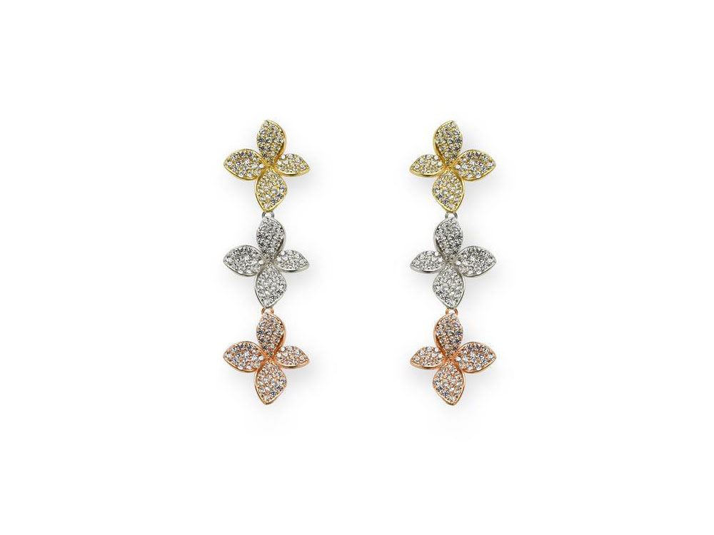 Trefiori Earrings - Zircon Flowers in Gold, Rhodium & Rose Gold