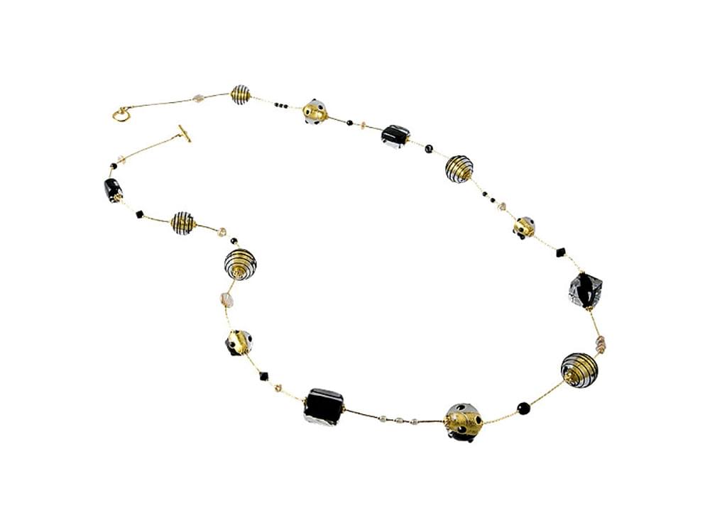 Galassia Necklace, long - Black & gold Murano glass beads